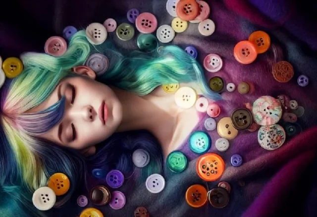 dormida mujer sueño multicolor botones