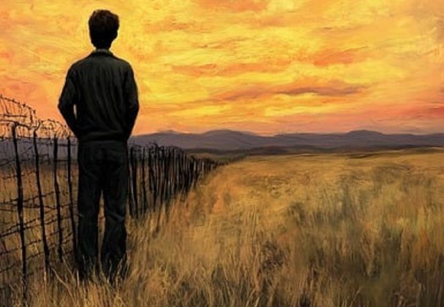 de pie viendo el atardecer pintura de óleo