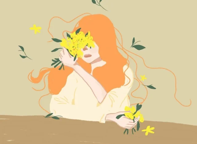 mujer con flores caricatura dibujo pintura