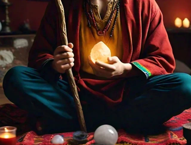 hombre meditando con cuarzo en la mano y bastón en la otra