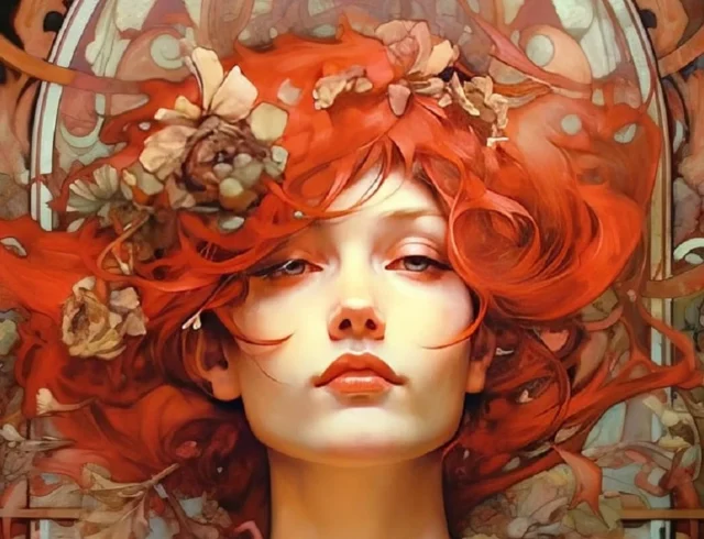 bella con corona de flores y cabello rojo