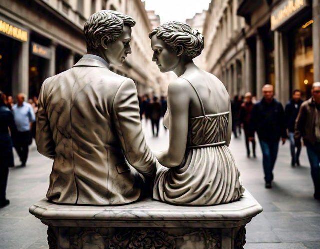 escultura de mármol de una pareja conversando