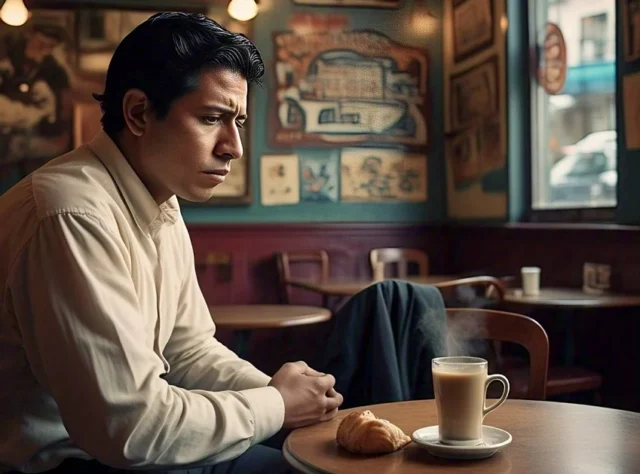 hombre pensativo tomando café
