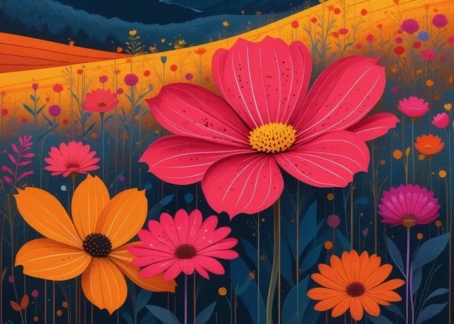 flores en campo iluminado generado con ia