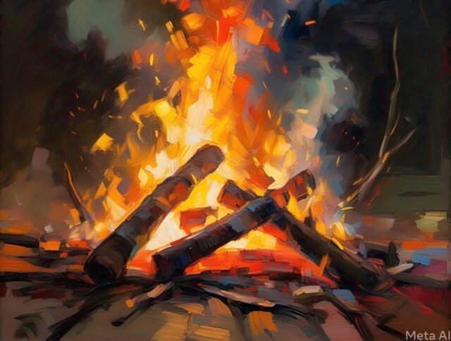 pintura al óleo fuego fogata