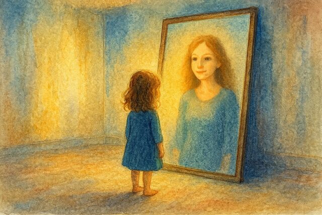mujer reflejada en el espejo acuarela