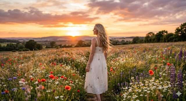 atardecer flores bosque mujer rubia sonrisa nubes