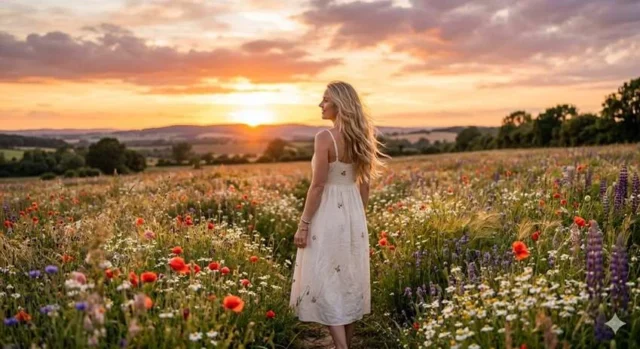 atardecer flores bosque mujer rubia sonrisa nubes