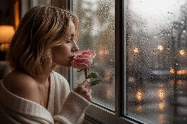 mujer rosa aroma oliendo lluvia bella ventana atardecer