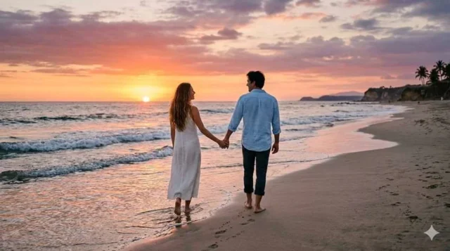 pareja hombre y mujer caminando playa atardecer romántico