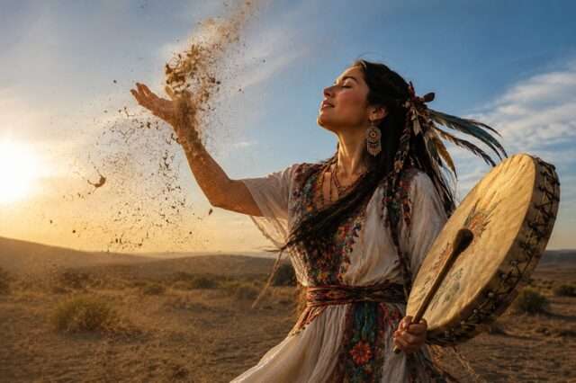 mujer viento raíces tambor sol muralla iniciación chamana