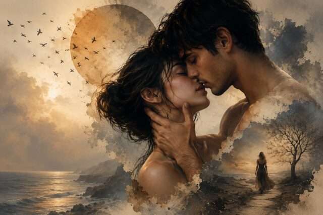 pintura beso romántico pareja mujer playa atardecer acuarela