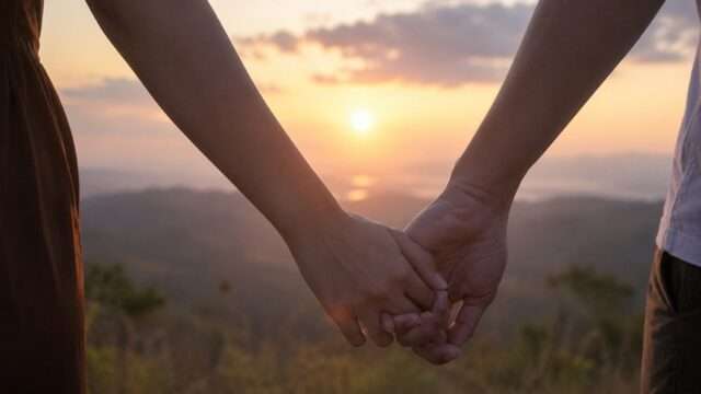 tomados de la mano manos atardecer horizonte romántico