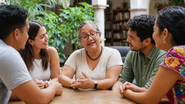 María Dolores Pliego Domínguez con un grupo de jóvenes