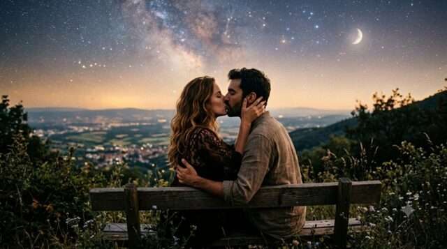 beso pareja noche estrellada luna