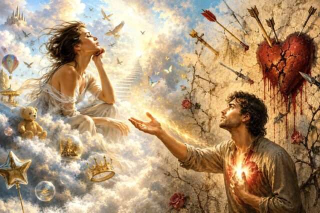 corazón amantes enamorados corona flechas nubes declaración