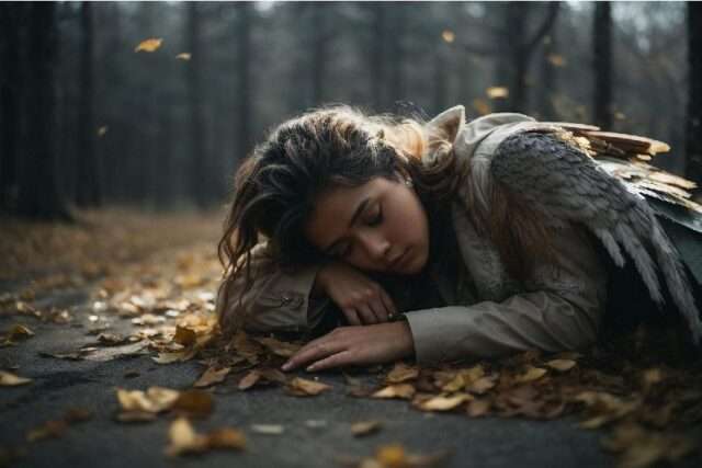 niña triste bosque