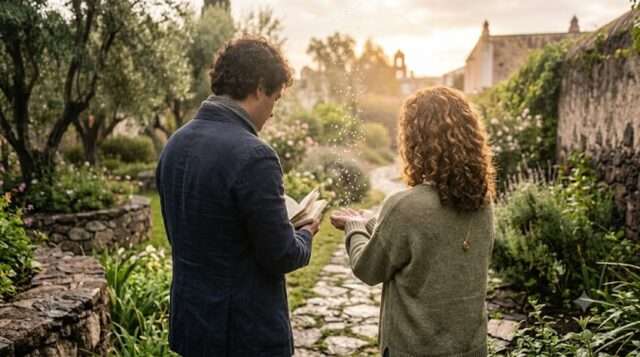pareja hombre mujer mana jardín atardecer poesía