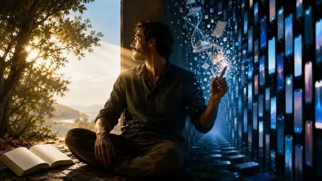 libro pantallas árbol amanecer paisaje hombre sentado