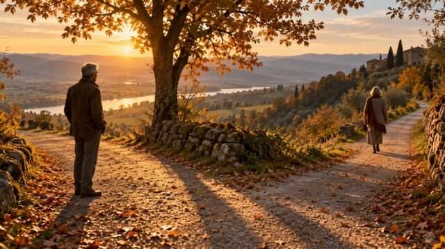 bifurcación dos caminos pareja horizonte árbol río paisaje