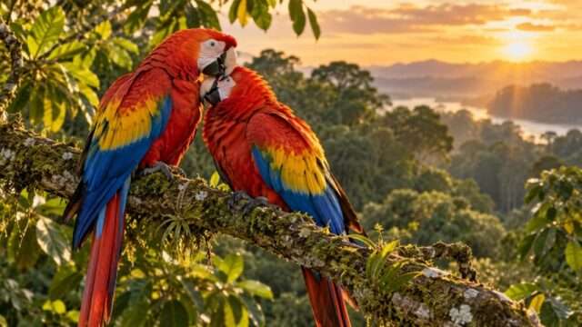 guacamayas selva bosque río sol