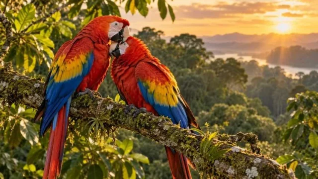 guacamayas selva bosque río sol