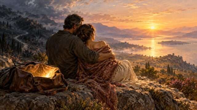 abrazo pareja viendo horizonte romántico