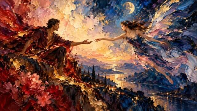 amor amantes óleo noche luna hada amante cielo
