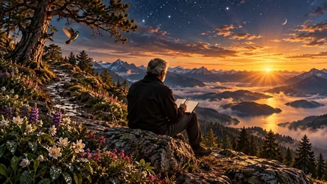 hombre escribiendo noche panorama horizonte