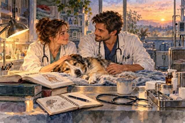 pareja de veterinarios consultorio perro consultorio