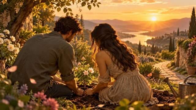 pareja siembra sembrando horizonte bosque flores amor romántico